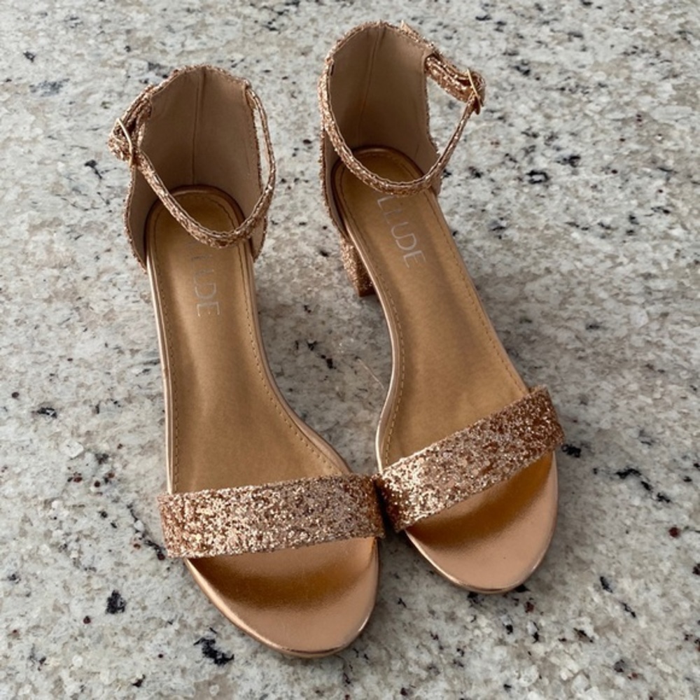 Illude Block Heel Squared Open Toe Ankle Strap Gold Glitter‎ Shoes 7 EUC